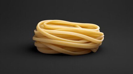 A bundle of spaghetti noodles placed loosely on a dark background, their smooth texture and simple elegance highlighted against the contrast.