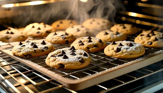 Chocolate chip cookies baking in an oven.