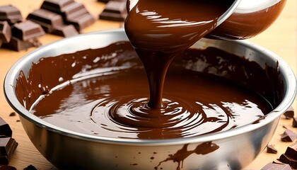 chocolate being poured into two metal bowls.