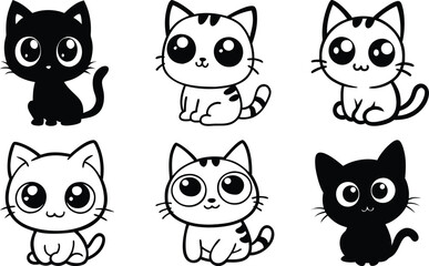 Cute Cartoon Cat Silhouettes Set for Design.A collection of four adorable cartoon cat silhouettes in black and white.