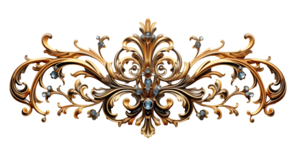 Gold Baroque Ornament Blue Gemstone Design, Vintage Floral Pattern for Luxury Decor.