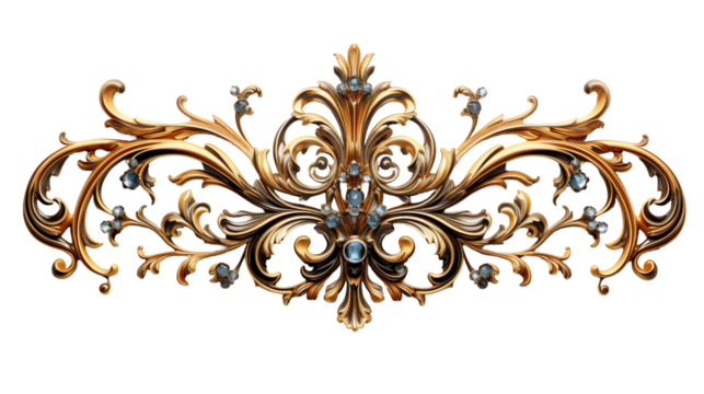 Gold Baroque Ornament Blue Gemstone Design, Vintage Floral Pattern for Luxury Decor.