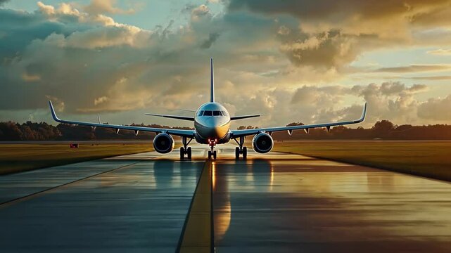 Airplane preparing for takeoff under dramatic skies in narrow focus shot during sunset, an airplane on the takeoff area shot at a narrow focal length with Dolly Zoom effect