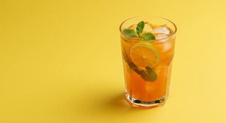 Refreshing Iced Tea with Lime and Mint - A tall glass of iced tea garnished with lime and mint on a yellow background. Perfect for summer
