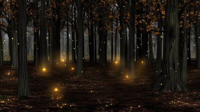 Glowing lights in autumn forest, whimsical mood