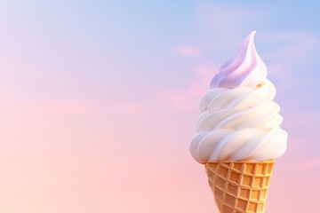 A colorful and appealing ice cream cone with soft serve, set against a pastel sky, perfect for summer-themed promotions, dessert menus, or food blogs, It evokes joy and indulgence,