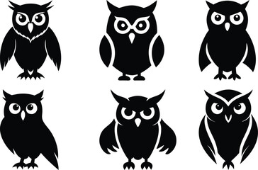 Six Cute Black and White Owl Silhouettes.A collection of six simple, black silhouette owls on a white background.