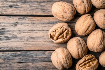 Closeup of Walnuts on Rustic Wooden Background
