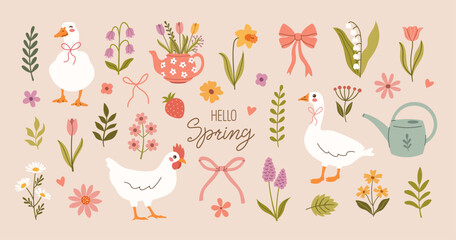 Cottagecore elements with animals, flowers, bows. Duck, goose, chicken. Gardening spring summer countryside village life