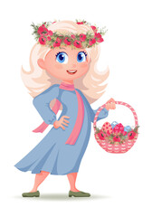 Easter cartoon character with basket and eggs. A girl in a blue dress and a wreath of red flowers. Easter element for greeting cards, posters, banners. Isolated background