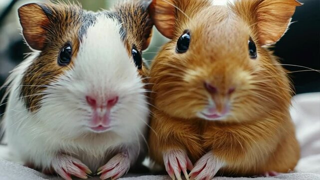 Two Guinea Pigs Portrait: An adorable pair of guinea pigs gaze directly at the camera, showcasing their charming faces and unique fur patterns in a delightful portrait.