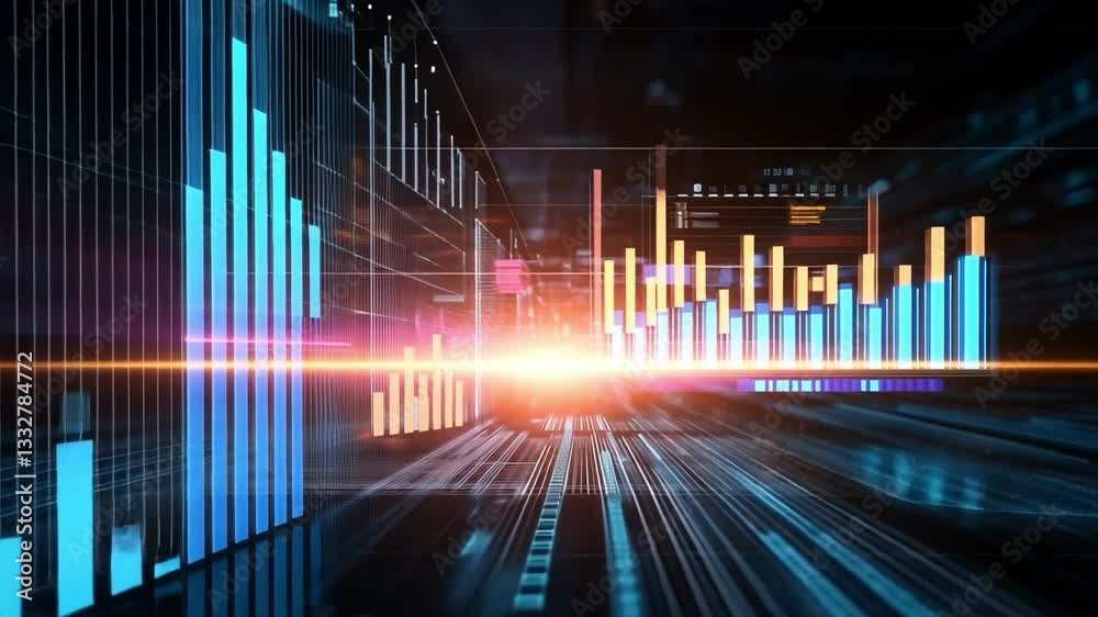 Poster visual representation of data analytics in a futuristic digital environment with vibrant colors