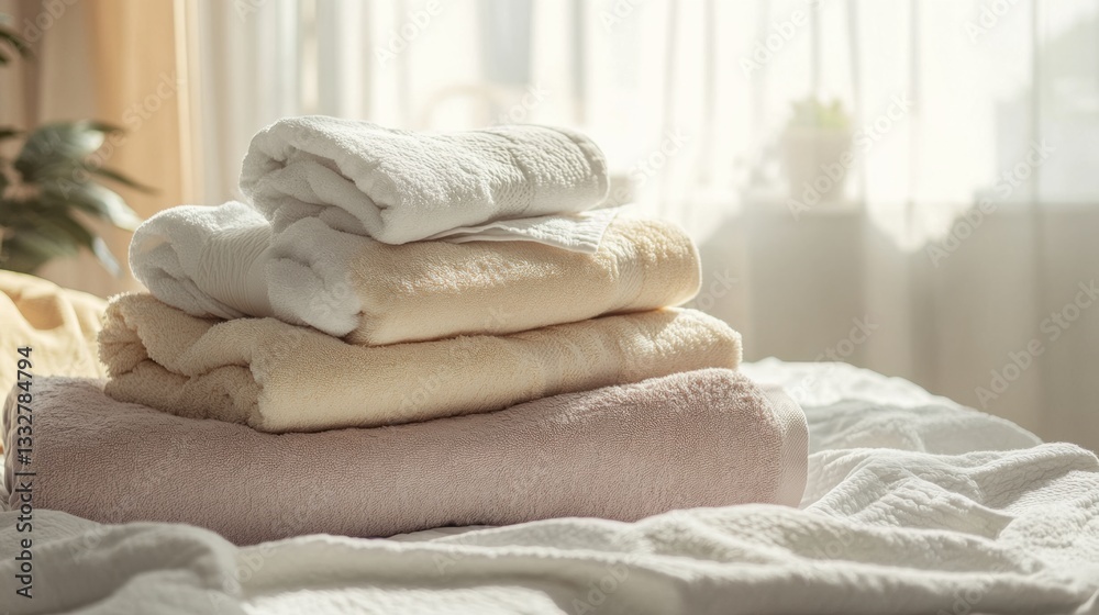Aufkleber Neatly arranged freshly washed towels and linens in a cozy, sunlit bedroom filled with warmth and comfort Generative AI