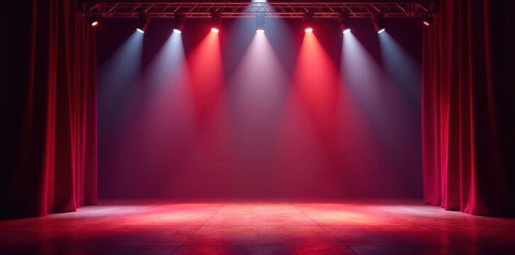 Brightly lit stage area, empty, awaiting performance, focus, spotlight effect