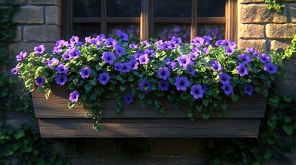 Wooden window box overflowing with vibrant purple flowers