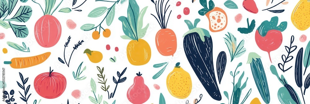 Poster Bright and colorful seamless pattern featuring fresh vegetables and fruits in modern flat style for vibrant design purposes