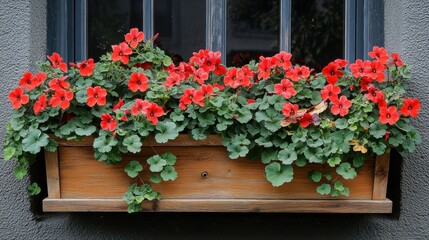 Wooden window box overflowing with vibrant red flowers (1)