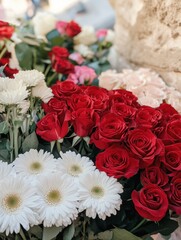 Vibrant Floral Arrangement Featuring Red Roses, White Gerbera Daisies, and Soft Pink Blooms Promoting Beauty and Love in a Natural Setting