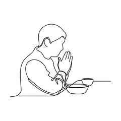 Man Praying Before Meal, One Line Drawing, Gratitude, Food, Faith, Asian Culture, Respect, Simple Art