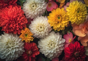 Vibrant Floral Arrangement Featuring Red, White, Yellow Dahlias, and Various Blooming Flowers on a Dark Background Capturing Natural Beauty and Elegance