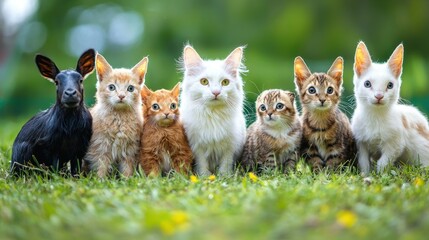 Obraz premium Adorable Kittens and a Kid Goat Posing Together in a Lush Green Garden