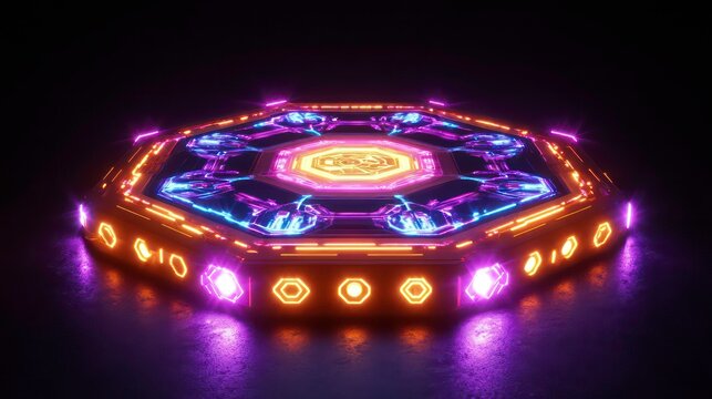 Octagonal neon platform featuring vibrant glowing lights and intricate patterns on the surface, ideal for futuristic or sci-fi themed designs.