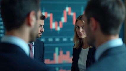 Business team analyzing financial data with focus on stock market trends