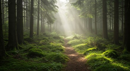 Obraz premium Sunlit Forest Path - Serene sunbeams illuminate a moss-covered path winding through a mystical forest. Tranquil nature scene