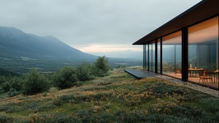 Modern Glass House Overlooking Mountain Valley at Sunset