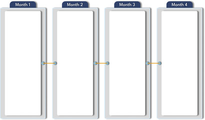 Set of boxes to organize presentation, blue and grey flowchart, four phases.