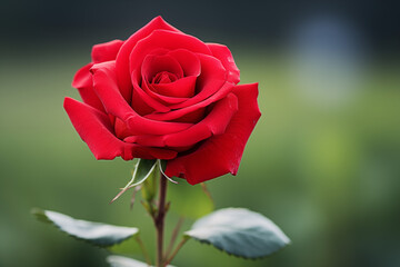 A stunning red rose blooms elegantly against a soft green background, showcasing the intricate petals and lush greenery, symbolizing love and beauty.