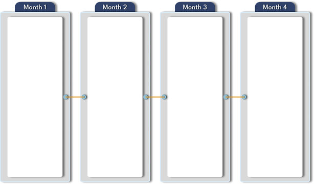 Set of boxes to organize presentation, blue and grey flowchart, four phases.