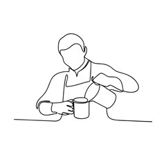 Single line drawing barista pouring coffee into mug café art