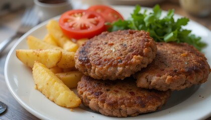 Fresh tomato slices and golden potato wedges accompany a dish of fried beef patties.  A traditional and filling dinner choice.