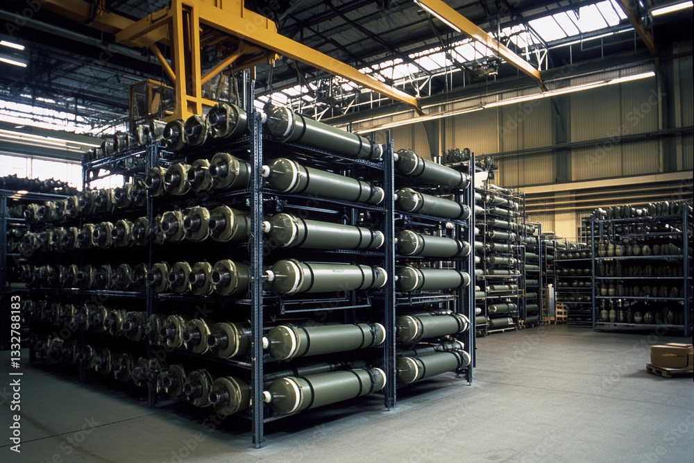 Poster missiles stored on racks in a military facility generative ai