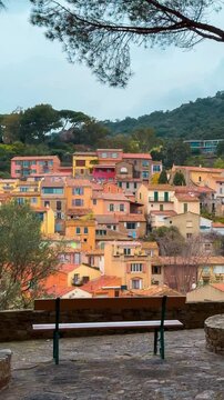 Route du Mimosa - mimosa road on the French Riviera. Medieval town of Bormes-les-Mimosas, France February 25, 2025. High quality 4k footage