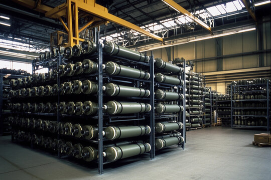 Missiles stored on racks in a military facility Generative AI