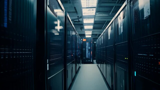 A dimly lit server room with rows of humming racks, creating a mysterious and ominous atmosphere.