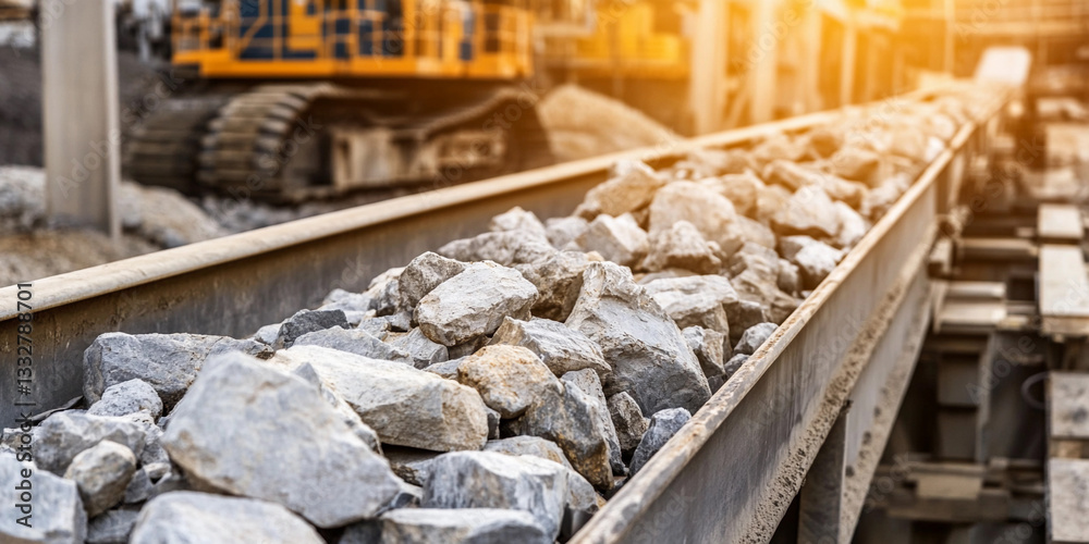 Poster Rocks transported on conveyor belt in mining operation Generative AI