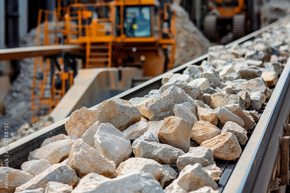 Poster Rocks transported on conveyor belt in construction site Generative AI