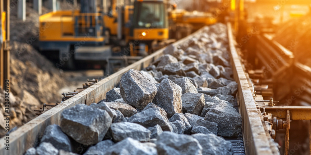 Aufkleber rocks flowing on a conveyor belt in a construction site generative ai