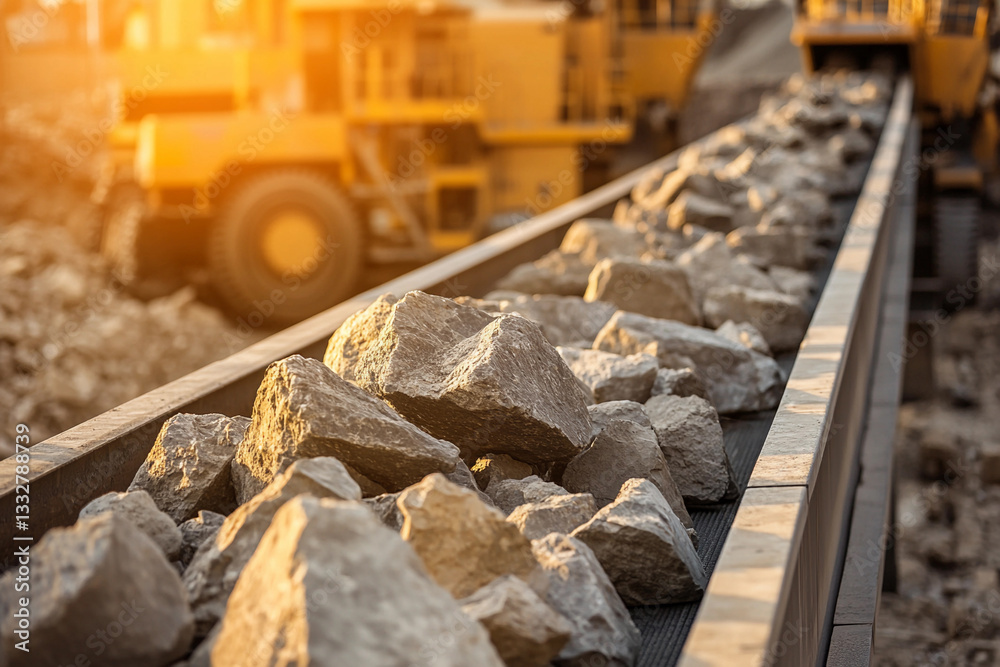 Aufkleber rocks transported on conveyor belt at construction site generative ai