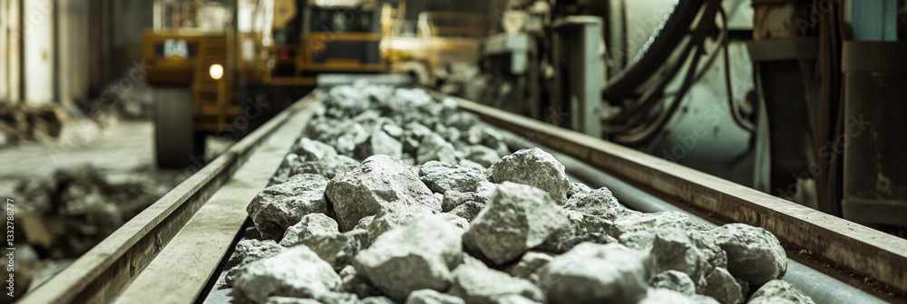 Aufkleber Rocks transported on conveyor belt in industrial setting Generative AI