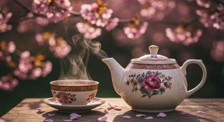Tranquil Tea Time in Blossom - A steaming cup of tea and teapot adorned with floral designs sit on a wooden table amidst blooming cherry blossoms