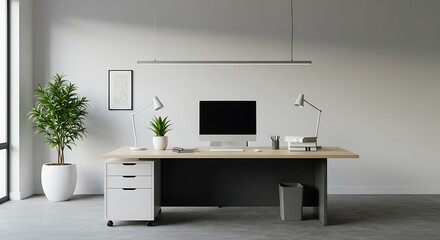 Fototapeta premium Desk Setup with Computer and Plant in Minimalist Modern Office