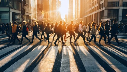 City street crosswalk at sunset; people walking; urban scene; photo; stock