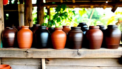 Vases on wooden shelves outside.