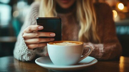 Coffee break. Woman using her smartphone in cafe