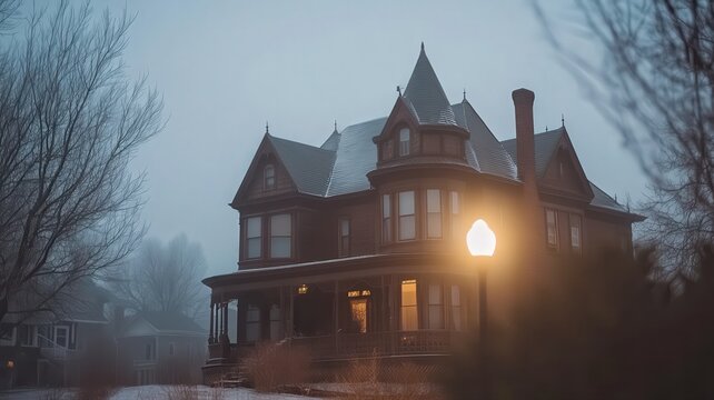 Victorian House in Foggy Winter Landscape