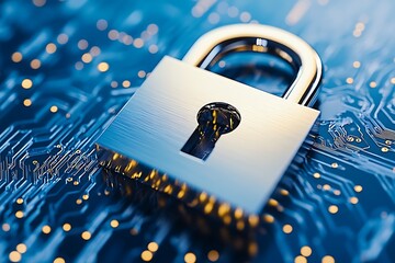 A silver padlock on top of an electronic circuit board